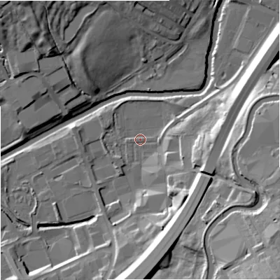 Shaded relief map of the ground around BB97BN, computed from Environment Agency LiDAR. The ground here sits at about 110 m above sea level and falls 35 m across the surrounding 800 m. Surface water reaching this point runs off ground lying to the east-north-east, 4.1 m higher.