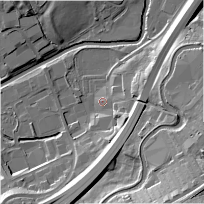 Shaded relief map of the ground around BB97DR, computed from Environment Agency LiDAR. The ground here sits at about 112 m above sea level and falls 42 m across the surrounding 800 m. Surface water reaching this point runs off ground lying to the east, 3.3 m higher.