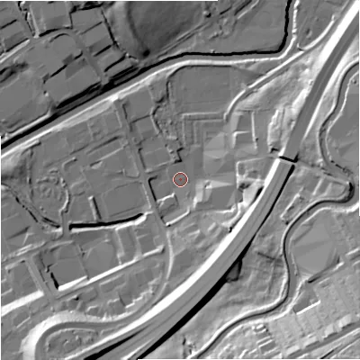 Shaded relief map of the ground around BB97DU, computed from Environment Agency LiDAR. The ground here sits at about 109 m above sea level and falls 44 m across the surrounding 800 m. Surface water reaching this point runs off ground lying to the south-east, 17.2 m higher.