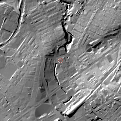Shaded relief map of the ground around BB97QH, computed from Environment Agency LiDAR. The ground here sits at about 132 m above sea level and falls 41 m across the surrounding 800 m. Surface water reaching this point runs off ground lying to the east-south-east, 33.1 m higher.