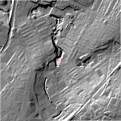 Shaded relief map of the ground around BB97QJ, computed from Environment Agency LiDAR. The ground here sits at about 129 m above sea level and falls 43 m across the surrounding 800 m. Surface water reaching this point runs off ground lying to the south-east, 38.5 m higher.