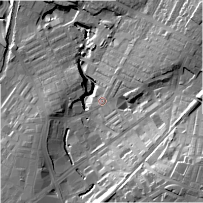 Shaded relief map of the ground around BB97QN, computed from Environment Agency LiDAR. The ground here sits at about 131 m above sea level and falls 43 m across the surrounding 800 m. Surface water reaching this point runs off ground lying to the east-south-east, 31.4 m higher.