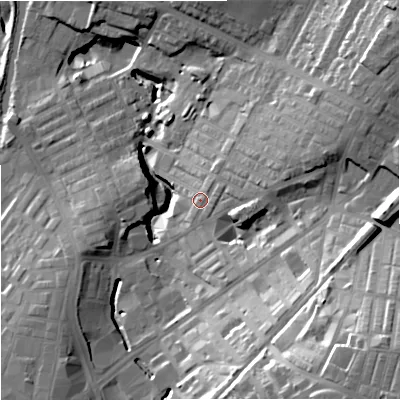 Shaded relief map of the ground around BB97QP, computed from Environment Agency LiDAR. The ground here sits at about 134 m above sea level and falls 43 m across the surrounding 800 m. Surface water reaching this point runs off ground lying to the east, 6.6 m higher.