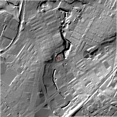 Shaded relief map of the ground around BB97QQ, computed from Environment Agency LiDAR. The ground here sits at about 132 m above sea level and falls 41 m across the surrounding 800 m. Surface water reaching this point runs off ground lying to the north-west, 3.4 m higher.