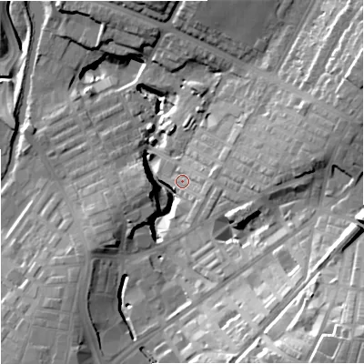 Shaded relief map of the ground around BB97QR, computed from Environment Agency LiDAR. The ground here sits at about 131 m above sea level and falls 42 m across the surrounding 800 m. Surface water reaching this point runs off ground lying to the east, 10.2 m higher.