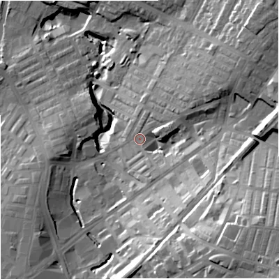 Shaded relief map of the ground around BB97QW, computed from Environment Agency LiDAR. The ground here sits at about 134 m above sea level and falls 45 m across the surrounding 800 m. Surface water reaching this point runs off ground lying to the south-east, 30.5 m higher.