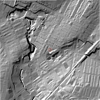 Shaded relief map of the ground around BB97QY, computed from Environment Agency LiDAR. The ground here sits at about 137 m above sea level and falls 47 m across the surrounding 800 m. Surface water reaching this point runs off ground lying to the east, 4.6 m higher.