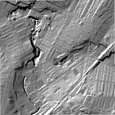 Shaded relief map of the ground around BB97QZ, computed from Environment Agency LiDAR. The ground here sits at about 138 m above sea level and falls 47 m across the surrounding 800 m. Surface water reaching this point runs off ground lying to the south-east, 30.7 m higher.