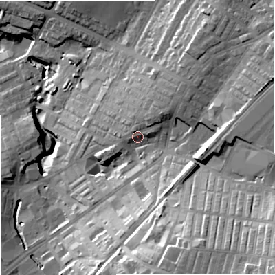 Shaded relief map of the ground around BB97RA, computed from Environment Agency LiDAR. The ground here sits at about 140 m above sea level and falls 49 m across the surrounding 800 m. Surface water reaching this point runs off ground lying to the north-east, 4.7 m higher.