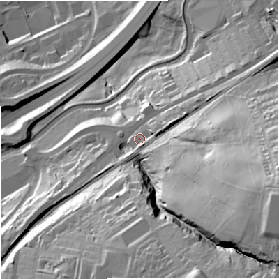 Shaded relief map of the ground around BB97SJ, computed from Environment Agency LiDAR. The ground here sits at about 143 m above sea level and falls 85 m across the surrounding 800 m. Surface water reaching this point runs off ground lying to the east-south-east, 50.9 m higher.