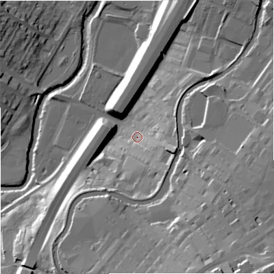 Shaded relief map of the ground around BB97SS, computed from Environment Agency LiDAR. The ground here sits at about 117 m above sea level and falls 39 m across the surrounding 800 m. Surface water reaching this point runs off ground lying to the east-south-east, 14.9 m higher.