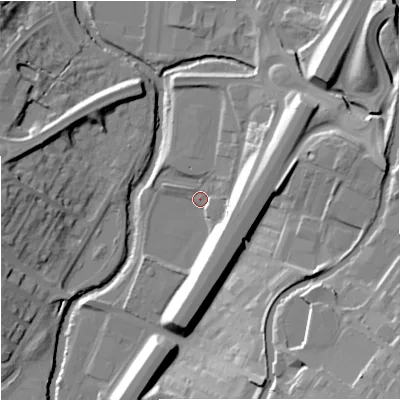 Shaded relief map of the ground around BB97TY, computed from Environment Agency LiDAR. The ground here sits at about 113 m above sea level and falls 31 m across the surrounding 800 m. Surface water reaching this point runs off ground lying to the east-north-east, 16.7 m higher.