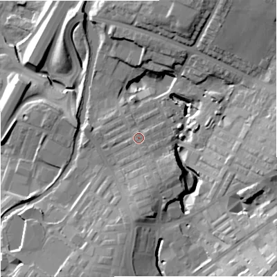 Shaded relief map of the ground around BB97YA, computed from Environment Agency LiDAR. The ground here sits at about 132 m above sea level and falls 35 m across the surrounding 800 m. Surface water reaching this point runs off ground lying to the south-south-east, 3.3 m higher.