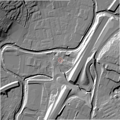 Shaded relief map of the ground around BB97YS, computed from Environment Agency LiDAR. The ground here sits at about 117 m above sea level and falls 28 m across the surrounding 800 m. Surface water reaching this point runs off ground lying to the east-south-east, 11.5 m higher.