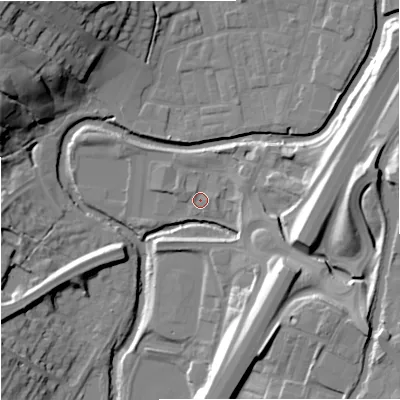 Shaded relief map of the ground around BB97YT, computed from Environment Agency LiDAR. The ground here sits at about 115 m above sea level and falls 30 m across the surrounding 800 m. Surface water reaching this point runs off ground lying to the east, 18.1 m higher.