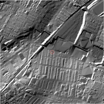 Shaded relief map of the ground around BB98AA, computed from Environment Agency LiDAR. The ground here sits at about 146 m above sea level and falls 53 m across the surrounding 800 m. Surface water reaching this point runs off ground lying to the south-east, 36.8 m higher.