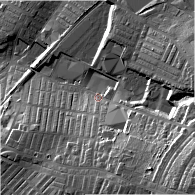 Shaded relief map of the ground around BB98AD, computed from Environment Agency LiDAR. The ground here sits at about 153 m above sea level and falls 54 m across the surrounding 800 m. Surface water reaching this point runs off ground lying to the south-east, 38.2 m higher.