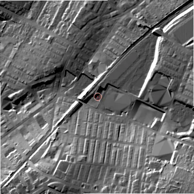 Shaded relief map of the ground around BB98AG, computed from Environment Agency LiDAR. The ground here sits at about 146 m above sea level and falls 49 m across the surrounding 800 m. Surface water reaching this point runs off ground lying to the east-north-east, 13.1 m higher.