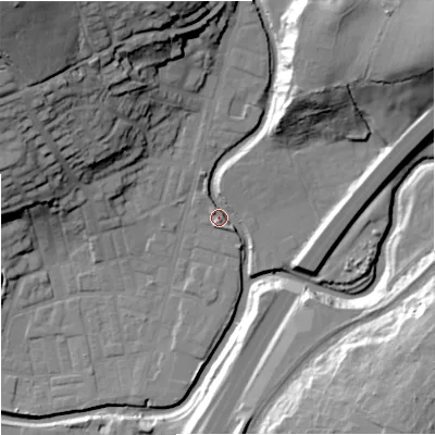 Shaded relief map of the ground around BB98AL, computed from Environment Agency LiDAR. The ground here sits at about 118 m above sea level and falls 43 m across the surrounding 800 m. Surface water reaching this point runs off ground lying to the north-north-east, 23.5 m higher.