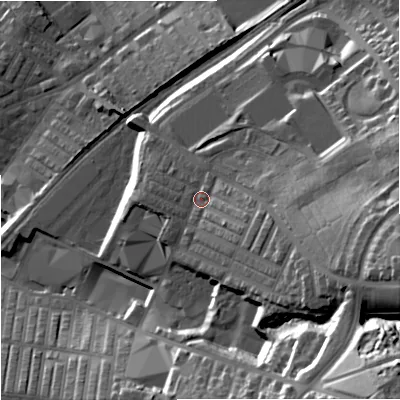 Shaded relief map of the ground around BB98AP, computed from Environment Agency LiDAR. The ground here sits at about 159 m above sea level and falls 55 m across the surrounding 800 m. Surface water reaching this point runs off ground lying to the east-south-east, 8.7 m higher.