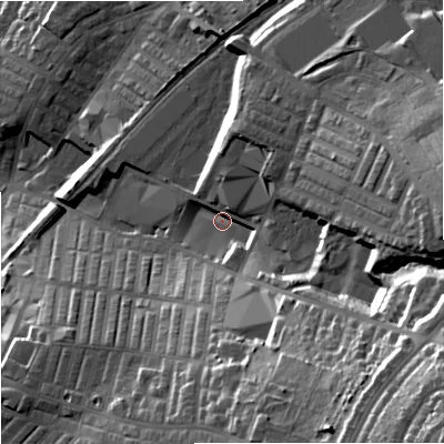 Shaded relief map of the ground around BB98AQ, computed from Environment Agency LiDAR. The ground here sits at about 150 m above sea level and falls 54 m across the surrounding 800 m. Surface water reaching this point runs off ground lying to the south-east, 44.3 m higher.