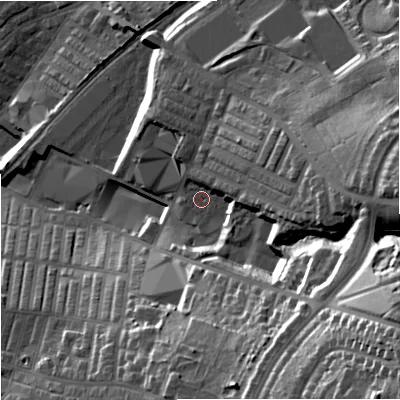 Shaded relief map of the ground around BB98AR, computed from Environment Agency LiDAR. The ground here sits at about 156 m above sea level and falls 58 m across the surrounding 800 m. Surface water reaching this point runs off ground lying to the east, 21.3 m higher.