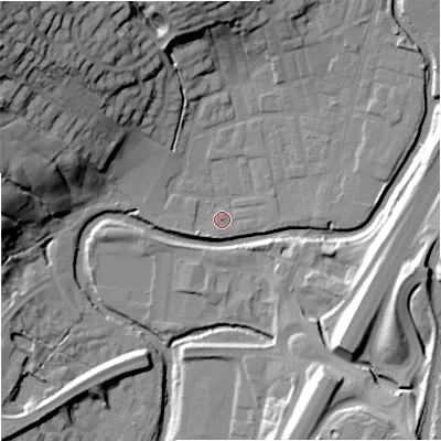 Shaded relief map of the ground around BB98BF, computed from Environment Agency LiDAR. The ground here sits at about 115 m above sea level and falls 40 m across the surrounding 800 m. Surface water reaching this point runs off ground lying to the west-south-west, 1.9 m higher.