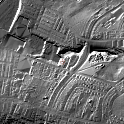 Shaded relief map of the ground around BB98DU, computed from Environment Agency LiDAR. The ground here sits at about 170 m above sea level and falls 60 m across the surrounding 800 m. Surface water reaching this point runs off ground lying to the south-east, 23.6 m higher.
