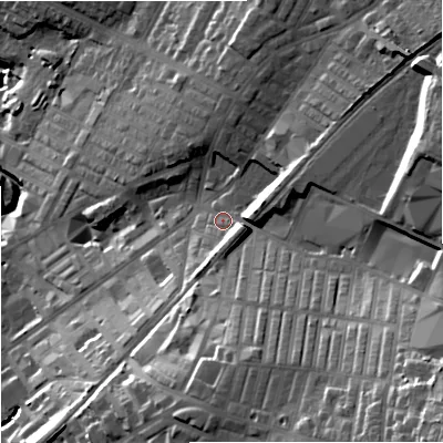 Shaded relief map of the ground around BB98EF, computed from Environment Agency LiDAR. The ground here sits at about 142 m above sea level and falls 57 m across the surrounding 800 m. Surface water reaching this point runs off ground lying to the south-south-west, 8.4 m higher.