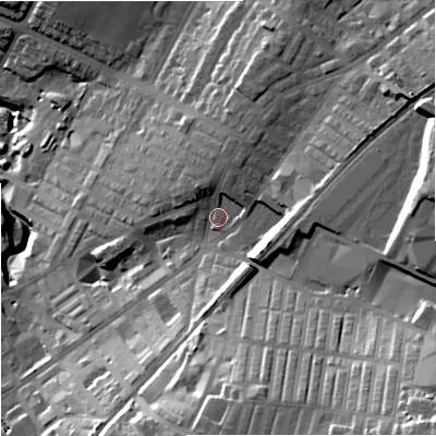 Shaded relief map of the ground around BB98EL, computed from Environment Agency LiDAR. The ground here sits at about 140 m above sea level and falls 51 m across the surrounding 800 m. Surface water reaching this point runs off ground lying to the east-north-east, 13.9 m higher.