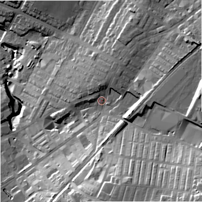 Shaded relief map of the ground around BB98EQ, computed from Environment Agency LiDAR. The ground here sits at about 140 m above sea level and falls 51 m across the surrounding 800 m. Surface water reaching this point runs off ground lying to the north-north-east, 5.1 m higher.