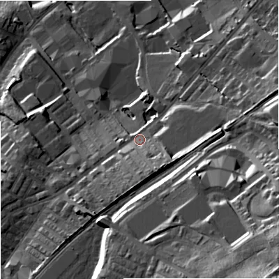 Shaded relief map of the ground around BB98ET, computed from Environment Agency LiDAR. The ground here sits at about 144 m above sea level and falls 49 m across the surrounding 800 m. Surface water reaching this point runs off ground lying to the south-south-east, 10.4 m higher.