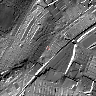 Shaded relief map of the ground around BB98HF, computed from Environment Agency LiDAR. The ground here sits at about 145 m above sea level and falls 35 m across the surrounding 800 m. Surface water reaching this point runs off ground lying to the east-north-east, 9.8 m higher.