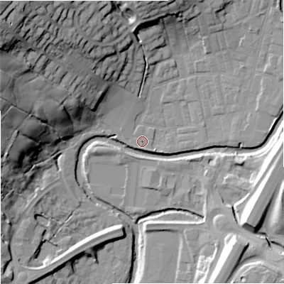 Shaded relief map of the ground around BB98LG, computed from Environment Agency LiDAR. The ground here sits at about 115 m above sea level and falls 46 m across the surrounding 800 m. Surface water reaching this point runs off ground lying to the south-east, 1.9 m higher.