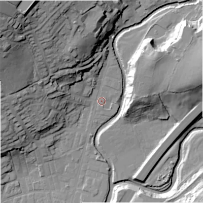 Shaded relief map of the ground around BB98LQ, computed from Environment Agency LiDAR. The ground here sits at about 121 m above sea level and falls 54 m across the surrounding 800 m. Surface water reaching this point runs off ground lying to the north-west, 48.8 m higher.