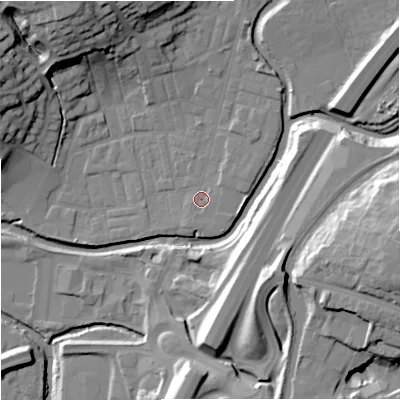 Shaded relief map of the ground around BB98NB, computed from Environment Agency LiDAR. The ground here sits at about 116 m above sea level and falls 30 m across the surrounding 800 m. Surface water reaching this point runs off ground lying to the south-south-west, 1.3 m higher.