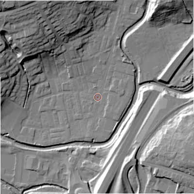 Shaded relief map of the ground around BB98ND, computed from Environment Agency LiDAR. The ground here sits at about 116 m above sea level and falls 34 m across the surrounding 800 m. Surface water reaching this point runs off ground lying to the north-north-west, 23.9 m higher.