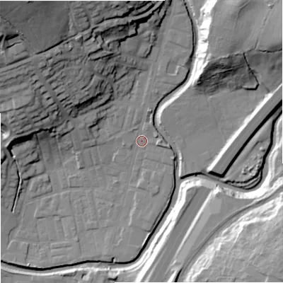 Shaded relief map of the ground around BB98NE, computed from Environment Agency LiDAR. The ground here sits at about 118 m above sea level and falls 45 m across the surrounding 800 m. Surface water reaching this point runs off ground lying to the north-west, 40.2 m higher.