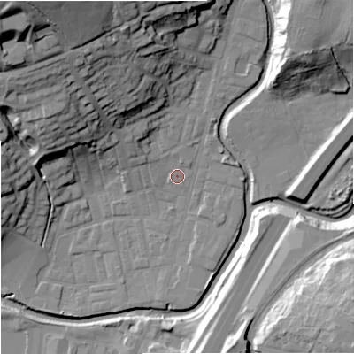 Shaded relief map of the ground around BB98NF, computed from Environment Agency LiDAR. The ground here sits at about 117 m above sea level and falls 44 m across the surrounding 800 m. Surface water reaching this point runs off ground lying to the north-west, 23.4 m higher.