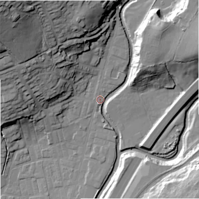 Shaded relief map of the ground around BB98NG, computed from Environment Agency LiDAR. The ground here sits at about 119 m above sea level and falls 51 m across the surrounding 800 m. Surface water reaching this point runs off ground lying to the north-west, 45.9 m higher.