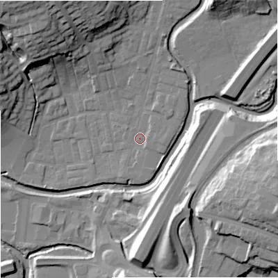 Shaded relief map of the ground around BB98NJ, computed from Environment Agency LiDAR. The ground here sits at about 116 m above sea level and falls 31 m across the surrounding 800 m. Surface water reaching this point runs off ground lying to the north-north-east, 3.5 m higher.
