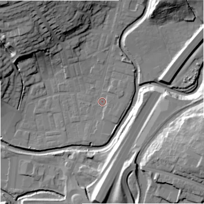 Shaded relief map of the ground around BB98NL, computed from Environment Agency LiDAR. The ground here sits at about 116 m above sea level and falls 33 m across the surrounding 800 m. Surface water reaching this point runs off ground lying to the north-north-east, 3.4 m higher.