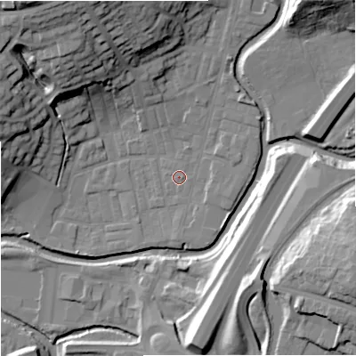 Shaded relief map of the ground around BB98NN, computed from Environment Agency LiDAR. The ground here sits at about 116 m above sea level and falls 33 m across the surrounding 800 m. Surface water reaching this point runs off ground lying to the north-east, 0.6 m higher.