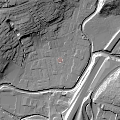 Shaded relief map of the ground around BB98NP, computed from Environment Agency LiDAR. The ground here sits at about 116 m above sea level and falls 35 m across the surrounding 800 m. Surface water reaching this point runs off ground lying to the north-north-west, 24.7 m higher.