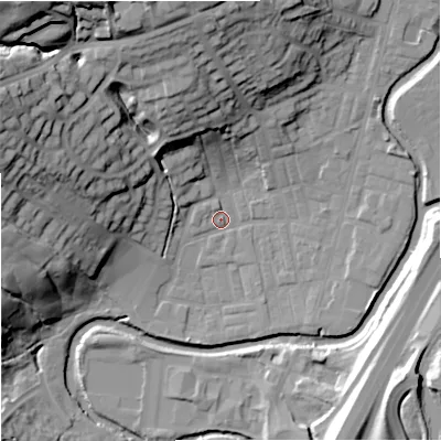 Shaded relief map of the ground around BB98NR, computed from Environment Agency LiDAR. The ground here sits at about 116 m above sea level and falls 43 m across the surrounding 800 m. Surface water reaching this point runs off ground lying to the north, 25.6 m higher.