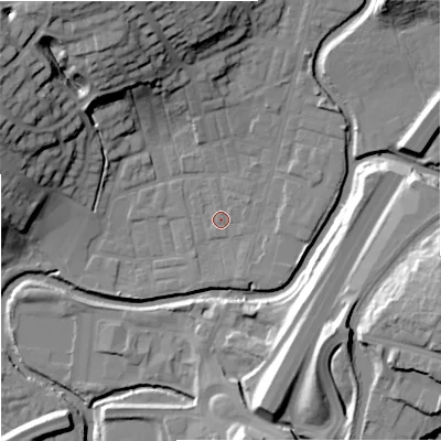 Shaded relief map of the ground around BB98NS, computed from Environment Agency LiDAR. The ground here sits at about 116 m above sea level and falls 29 m across the surrounding 800 m. Surface water reaching this point runs off ground lying to the north-east, 4.0 m higher.
