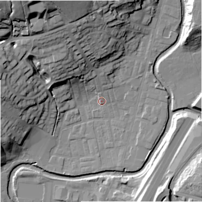 Shaded relief map of the ground around BB98NT, computed from Environment Agency LiDAR. The ground here sits at about 117 m above sea level and falls 45 m across the surrounding 800 m. Surface water reaching this point runs off ground lying to the north-north-west, 24.6 m higher.