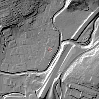 Shaded relief map of the ground around BB98NW, computed from Environment Agency LiDAR. The ground here sits at about 117 m above sea level and falls 32 m across the surrounding 800 m. Surface water reaching this point runs off ground lying to the north-east, 1.0 m higher.