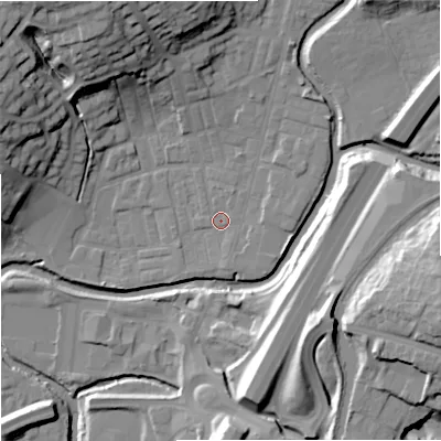Shaded relief map of the ground around BB98NX, computed from Environment Agency LiDAR. The ground here sits at about 116 m above sea level and falls 29 m across the surrounding 800 m. Surface water reaching this point runs off ground lying to the north-north-east, 4.0 m higher.