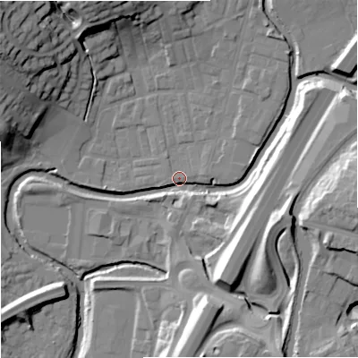 Shaded relief map of the ground around BB98NY, computed from Environment Agency LiDAR. The ground here sits at about 116 m above sea level and falls 30 m across the surrounding 800 m. Surface water reaching this point runs off ground lying to the east-south-east, 19.7 m higher.